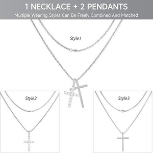 Collier hip hop avec deux pendentifs croix en acier inoxydable poli et serti de strass