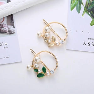 Pince à Cheveux Ronde en Alliage de Style Coréen avec Künstliche Perles Feuilles en Émail Vert et Strass Bijoux de Cheveux Élégants