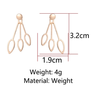 Detailed view of rose gold hollow leaf earrings showing 3.2cm height and 1.9cm width measurements