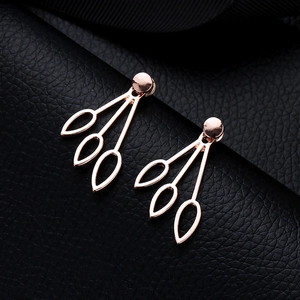Minimalist hollow water drop rose gold earrings with three leaf charms on black leather
