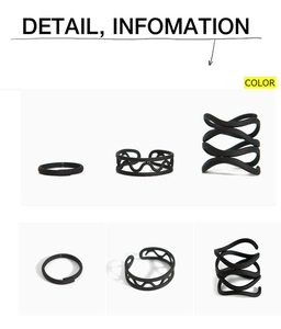 Detailed macro view of three matte black adjustable rings with woven and wavy textures