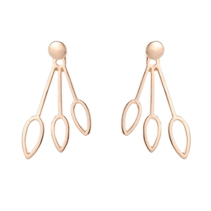 Macro shot of rose gold water drop stud earrings with hollow petal back-hanging design