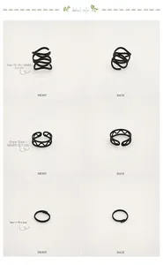 Detailed views of three matte black adjustable rings with wavy cutout designs and sizes