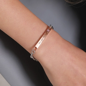 Rose gold His Queen crown couple bracelet with pink crystal and silver chain link
