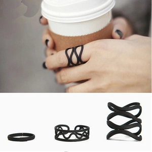 Matte Black Alloy Wave Knuckle Ring For Women Minimalist Hollow Out Multi Layer Finger Ring Accessory Fashionable Jewelry