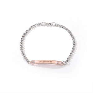 Couple bracelet featuring His Queen crown engraving with pink crystal on silver chain