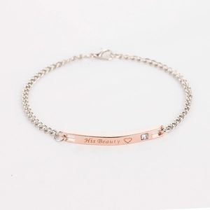 Detail view of His Beauty engraved bracelet with rose gold plate and clear zircon stone