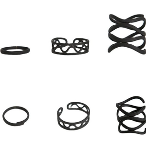 Three-piece set of minimalist matte black open rings with thin and wavy designs