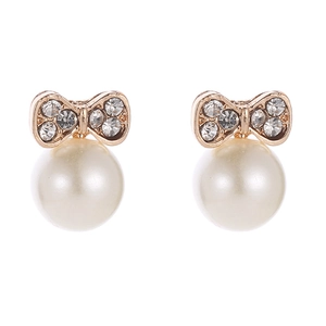 Boucles d'oreilles nœud dorées élégantes avec strass brillants et perles blanches pour femme
