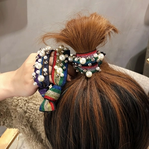 Leopard Pattern Rainbow Stripe Hair Scrunchies With Faux Artificial Pearl Metal Beads Fashion Elastic Hair Ties For Women Daily Wear