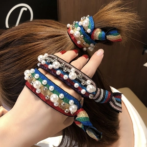 Rainbow glitter elastic hair tie with faux pearls and metallic beads for women