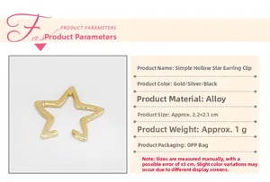 Detailed view of hollow star clip-on earrings in gold, silver, and black alloy options