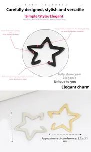 Detail view of star-shaped ear clips in black, gold, and silver alloy with size specs
