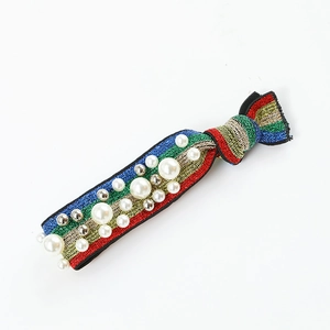 Rainbow striped elastic hair scrunchie with sparkling glitter and faux pearl accents