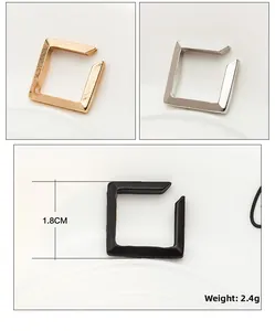 Detail view of 1.8cm square ear cuffs in gold, silver, and black finish with dimensions