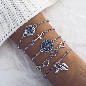Silver Alloy Shell Heart Cross Fish Tail Bracelet Set Bohemian Style Adjustable Chain Bracelet For Women Beach Fashion Jewelry Gift