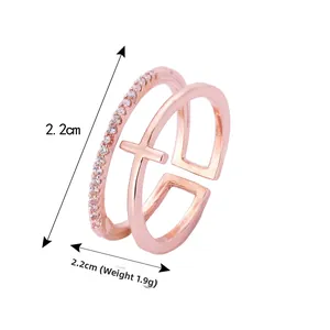 Detailed view of rose gold layered cross ring with dimensions and weight info