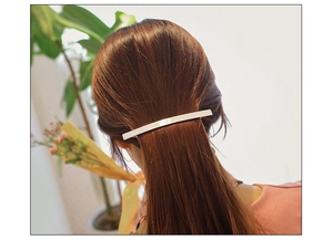 Sleek silver rectangular metal hair clip displayed on model for a minimalist hair look
