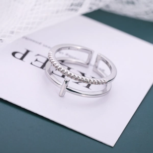 Elegant silver double-layer open ring featuring a T-shaped design with cubic zirconia accents