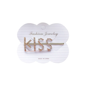 Fermaglio dorato con design KISS in strass su supporto per card di gioielli