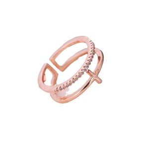 Rose gold cross open ring with double layers and sparkling cubic zirconia stones