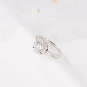 Detailed close-up of S925 sterling silver halo ring with micro-pave round zircon crystals