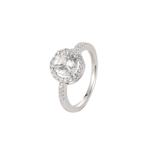 Elegant silver halo ring with a brilliant round center stone and pave zircon setting