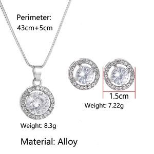 Detailed specs of halo jewelry set with round cubic zirconia necklace and earrings