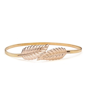 Elegant gold elastic snake chain waist belt with decorative double feather metal buckle