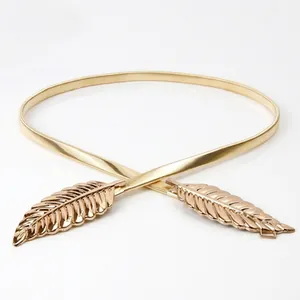 Elegant gold metal waist chain for women with delicate leaf shaped clasp and glossy finish