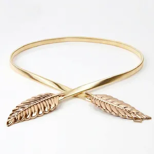 Elegant gold metal waist chain for women with delicate leaf buckle and snake chain belt