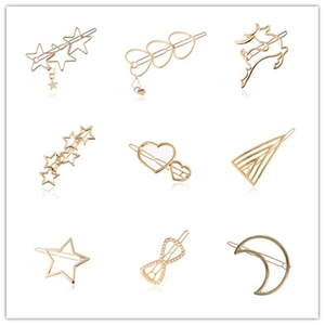 9-piece gold alloy hair clip set with star, heart, deer, and pearl moon designs