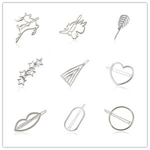 9-piece set of silver metal hair clips with stars hearts and geometric shapes