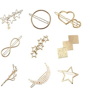 Nine-piece set of gold alloy hair clips featuring stars, hearts, and moon shapes