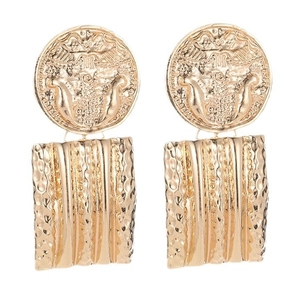 Vintage gold geometric drop earrings with embossed coin design and textured rectangle