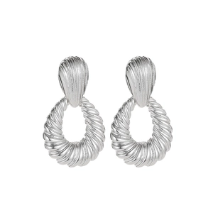 Pair of silver shell ripple hoop earrings with drop stud design in polished alloy finish