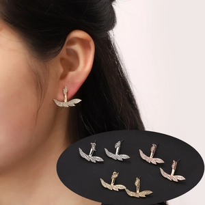 Luxury Alloy Rhinestone Leaf Shape Ear Jacket Earrings For Women Elegant Graduation Party Jewelry Gift Gold Silver Rose Gold