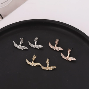 Sparkling rhinestone leaf stud earrings in silver, gold, and rose gold finishes