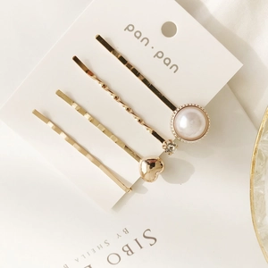 Elegant 4pcs gold pearl hair clip set including rhinestone and heart shaped hairpins
