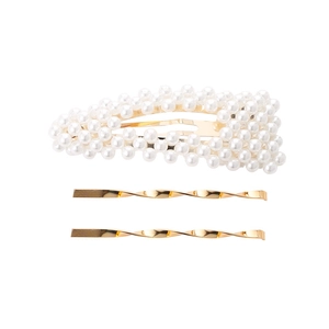 Ensemble de 3 pinces à cheveux avec barrette à perles et deux épingles dorées torsadées