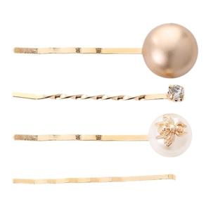 Chic 4-piece gold hair clip set with pearls, bee emblem, and rhinestones for women