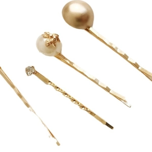 4-piece set of gold hair clips with matte ball, pearls, rhinestones and bow design
