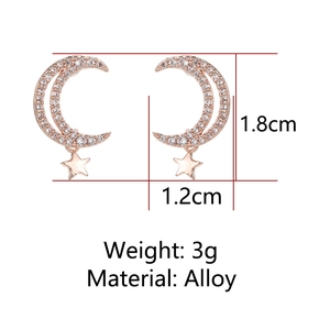 Detail showing dimensions of rose gold crescent moon and star earrings with pavé zircons