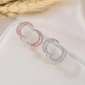 Star and moon stud earrings in rose gold and silver finish with zircon inlay