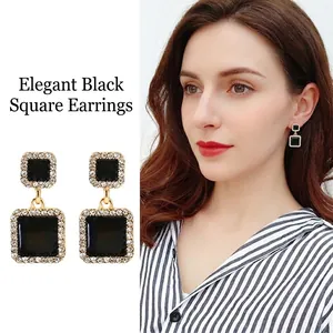 Vintage Double Square Dangle Earrings With Rhinestones And Black Enamel Gold Plated Alloy Geometric Jewelry For Women Party