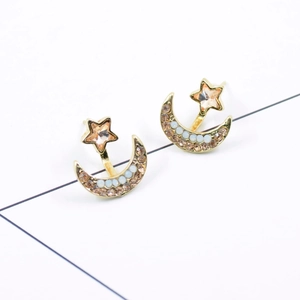 Elegant gold celestial star and moon drop earrings with blue beads and crystals