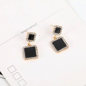 Elegant geometric black enamel square drop earrings with sparkling white rhinestones
