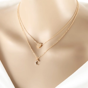 Fashion Double Layer Alloy Zirconia Heart Moon Pendant Necklace For Women Elegant Gold Multi Layer Clavicle Chain Jewelry Gift
