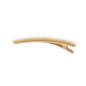 Elegant gold duckbill hair clip with white faux pearls and sparkling rhinestones