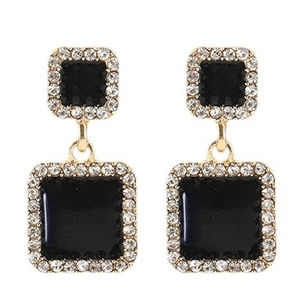 Elegant gold square drop earrings with black enamel center and sparkling rhinestones